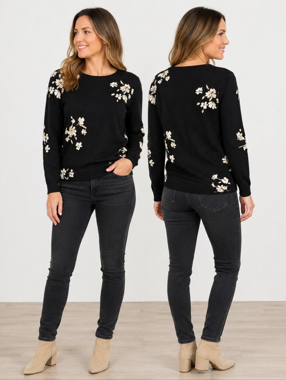 Ann Taylor Petite XSP Black Floral Knit Sweater Classic Feminine • Quiet Luxury